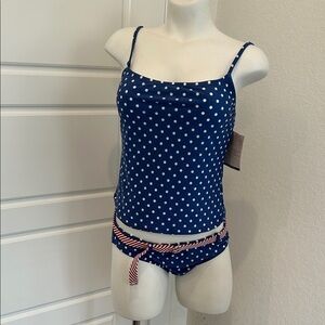 Anne Cole Blue Polka Dot Swimsuit with Red Accents